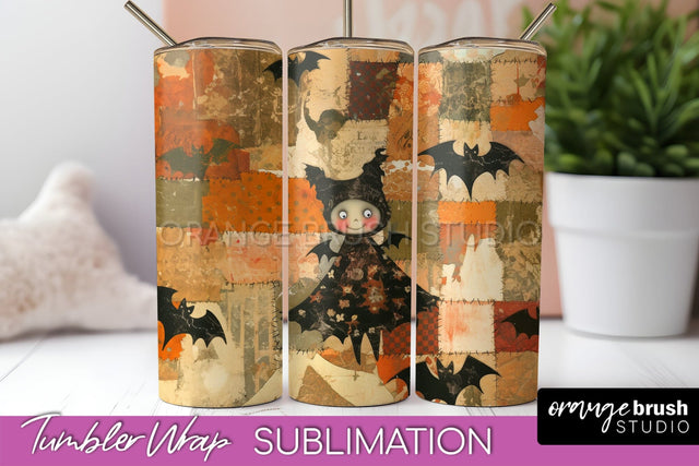 Patchwork Halloween Tumbler Wrap - Ghost Tumbler Sublimation Sublimation OrangeBrushStudio 
