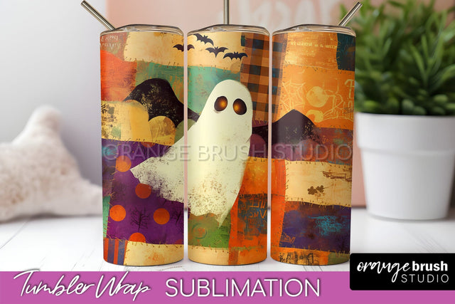 Patchwork Halloween Tumbler Wrap - Ghost Tumbler Sublimation Sublimation OrangeBrushStudio 