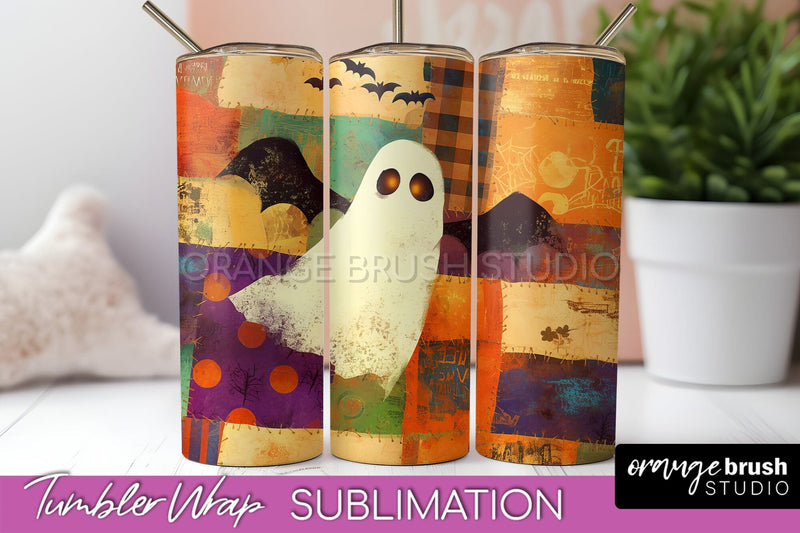 Patchwork Halloween Tumbler Wrap - Ghost Tumbler Sublimation Sublimation OrangeBrushStudio 