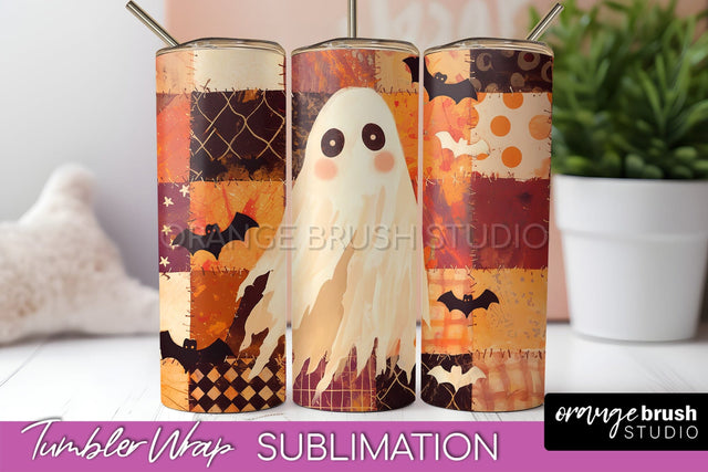 Patchwork Halloween Tumbler Wrap - Ghost Tumbler Sublimation Sublimation OrangeBrushStudio 