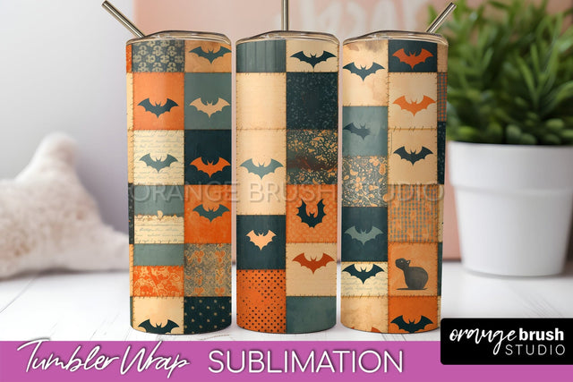 Patchwork Halloween Tumbler Wrap - Ghost Tumbler Sublimation Sublimation OrangeBrushStudio 