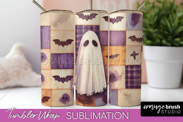 Patchwork Halloween Tumbler Wrap - Ghost Tumbler Sublimation Sublimation OrangeBrushStudio 