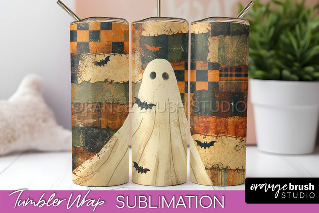 Patchwork Halloween Tumbler Wrap - Ghost Tumbler Sublimation Sublimation OrangeBrushStudio 