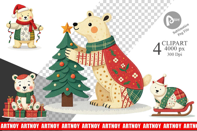 Patchwork Polar Bear Clipart Sublimation artnoy 