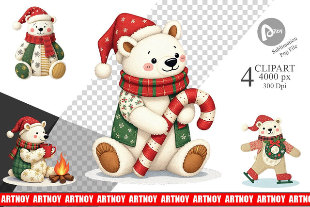 Patchwork Polar Bear Clipart Sublimation artnoy 