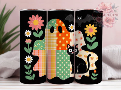 Patchwork Quilt Ghost Halloween Tumbler, Vintage Halloween Cup, Quilt Pattern Wrap, 20Oz Sublimation Design, Rustic Ghost Mug, Autumn Quilt Drinkware, Cozy Halloween Tumbler Sublimation Li Zamperini 