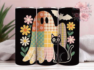 Patchwork Quilt Ghost Halloween Tumbler, Vintage Halloween Cup, Quilt Pattern Wrap, 20Oz Sublimation Design, Rustic Ghost Mug, Autumn Quilt Drinkware, Cozy Halloween Tumbler Sublimation Li Zamperini 