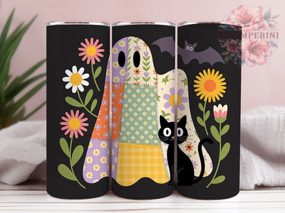 Patchwork Quilt Ghost Halloween Tumbler, Vintage Halloween Cup, Quilt Pattern Wrap, 20Oz Sublimation Design, Rustic Ghost Mug, Autumn Quilt Drinkware, Cozy Halloween Tumbler Sublimation Li Zamperini 