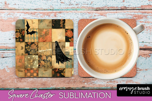 Patchwork Retro Halloween Coaster, Ghost Square Coaster PNG Sublimation OrangeBrushStudio 