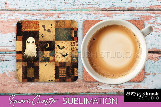 Patchwork Retro Halloween Coaster, Ghost Square Coaster PNG Sublimation OrangeBrushStudio 