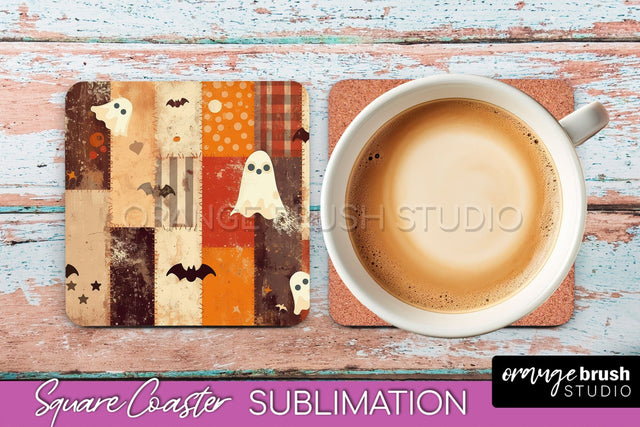 Patchwork Retro Halloween Coaster, Ghost Square Coaster PNG Sublimation OrangeBrushStudio 