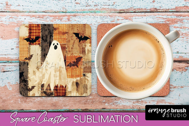 Patchwork Retro Halloween Coaster, Ghost Square Coaster PNG Sublimation OrangeBrushStudio 