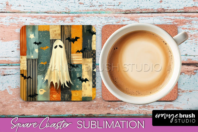 Patchwork Retro Halloween Coaster, Ghost Square Coaster PNG Sublimation OrangeBrushStudio 