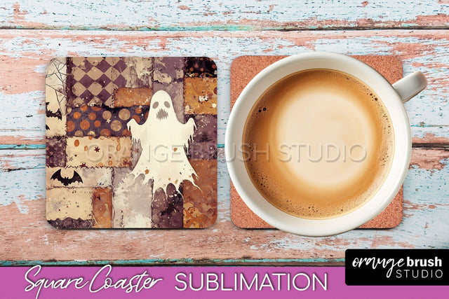 Patchwork Retro Halloween Coaster, Ghost Square Coaster PNG Sublimation OrangeBrushStudio 