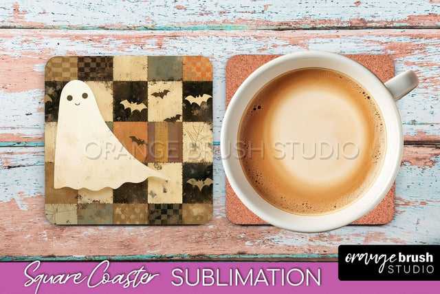 Patchwork Retro Halloween Coaster, Ghost Square Coaster PNG Sublimation OrangeBrushStudio 