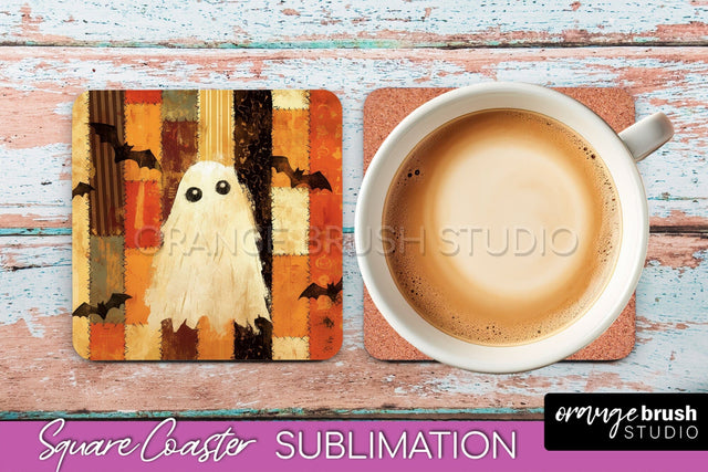 Patchwork Retro Halloween Coaster, Ghost Square Coaster PNG Sublimation OrangeBrushStudio 
