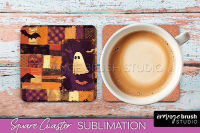 Patchwork Retro Halloween Coaster, Ghost Square Coaster PNG Sublimation OrangeBrushStudio 