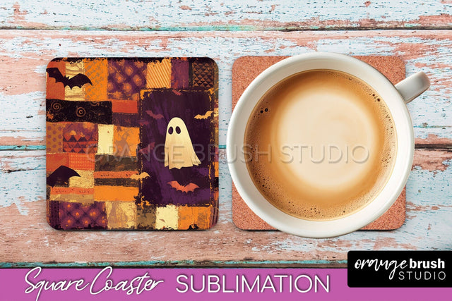 Patchwork Retro Halloween Coaster, Ghost Square Coaster PNG Sublimation OrangeBrushStudio 