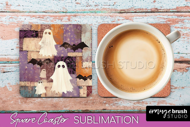 Patchwork Retro Halloween Coaster, Ghost Square Coaster PNG Sublimation OrangeBrushStudio 