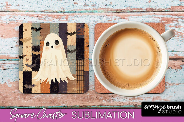 Patchwork Retro Halloween Coaster, Ghost Square Coaster PNG Sublimation OrangeBrushStudio 