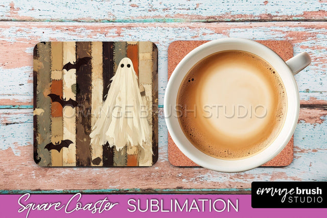 Patchwork Retro Halloween Coaster, Ghost Square Coaster PNG Sublimation OrangeBrushStudio 