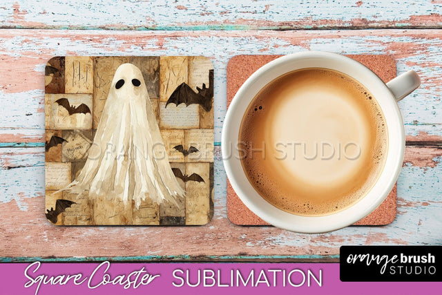 Patchwork Retro Halloween Coaster, Ghost Square Coaster PNG Sublimation OrangeBrushStudio 