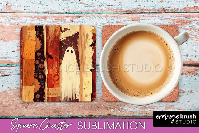 Patchwork Retro Halloween Coaster, Ghost Square Coaster PNG Sublimation OrangeBrushStudio 