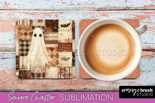 Patchwork Retro Halloween Coaster, Ghost Square Coaster PNG Sublimation OrangeBrushStudio 