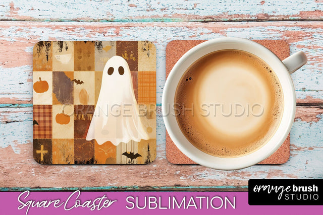 Patchwork Retro Halloween Coaster, Ghost Square Coaster PNG Sublimation OrangeBrushStudio 