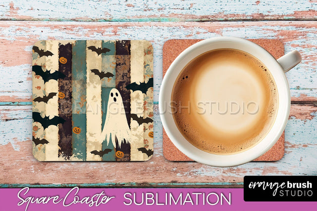 Patchwork Retro Halloween Coaster, Ghost Square Coaster PNG Sublimation OrangeBrushStudio 