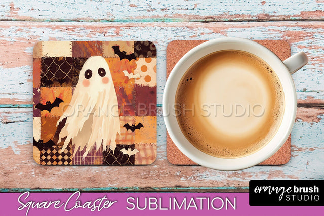 Patchwork Retro Halloween Coaster, Ghost Square Coaster PNG Sublimation OrangeBrushStudio 