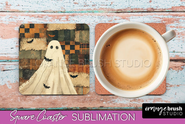 Patchwork Retro Halloween Coaster, Ghost Square Coaster PNG Sublimation OrangeBrushStudio 