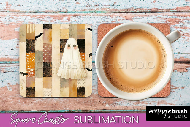Patchwork Retro Halloween Coaster, Ghost Square Coaster PNG Sublimation OrangeBrushStudio 