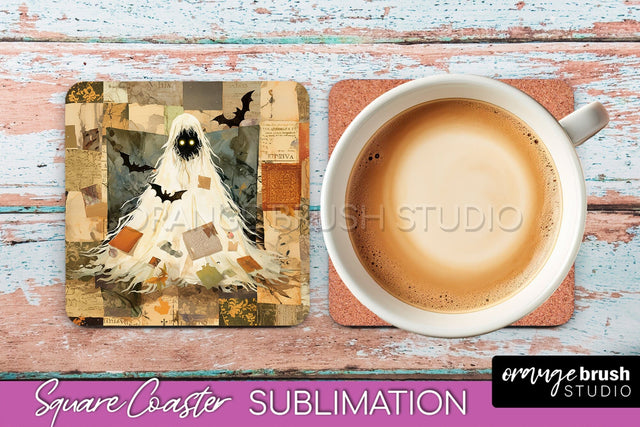 Patchwork Retro Halloween Coaster, Ghost Square Coaster PNG Sublimation OrangeBrushStudio 