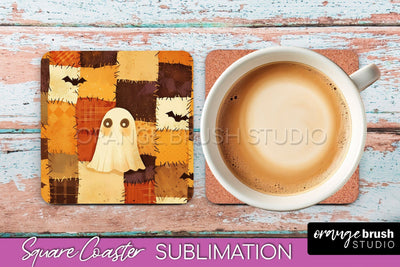 Patchwork Retro Halloween Coaster, Ghost Square Coaster PNG Sublimation OrangeBrushStudio 