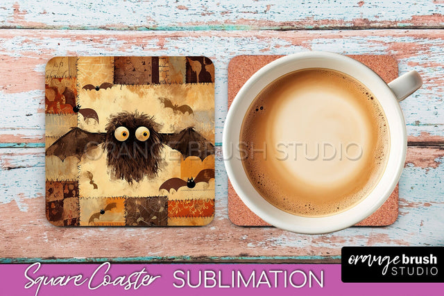 Patchwork Retro Halloween Coaster, Ghost Square Coaster PNG Sublimation OrangeBrushStudio 