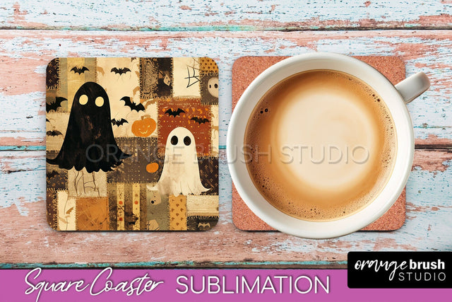 Patchwork Retro Halloween Coaster, Ghost Square Coaster PNG Sublimation OrangeBrushStudio 