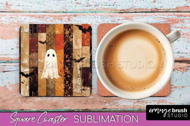 Patchwork Retro Halloween Coaster, Ghost Square Coaster PNG Sublimation OrangeBrushStudio 