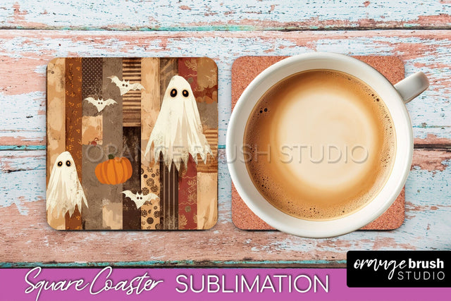 Patchwork Retro Halloween Coaster, Ghost Square Coaster PNG Sublimation OrangeBrushStudio 