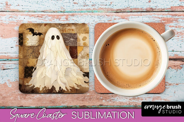 Patchwork Retro Halloween Coaster, Ghost Square Coaster PNG Sublimation OrangeBrushStudio 