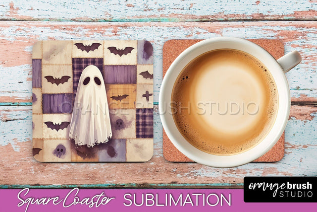 Patchwork Retro Halloween Coaster, Ghost Square Coaster PNG Sublimation OrangeBrushStudio 