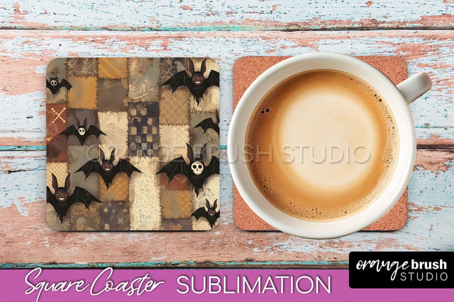 Patchwork Retro Halloween Coaster, Ghost Square Coaster PNG Sublimation OrangeBrushStudio 