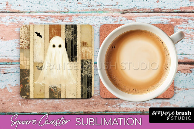 Patchwork Retro Halloween Coaster, Ghost Square Coaster PNG Sublimation OrangeBrushStudio 