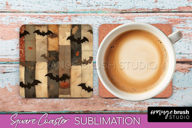 Patchwork Retro Halloween Coaster, Ghost Square Coaster PNG Sublimation OrangeBrushStudio 