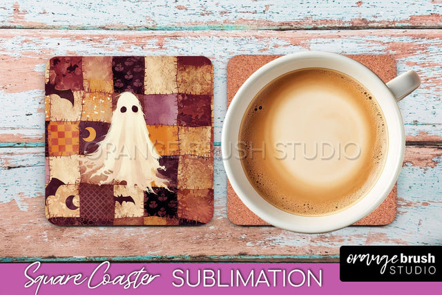 Patchwork Retro Halloween Coaster, Ghost Square Coaster PNG Sublimation OrangeBrushStudio 