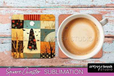Patchwork Retro Halloween Coaster, Ghost Square Coaster PNG Sublimation OrangeBrushStudio 