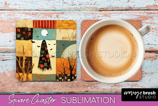 Patchwork Retro Halloween Coaster, Ghost Square Coaster PNG Sublimation OrangeBrushStudio 