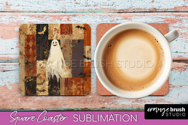 Patchwork Retro Halloween Coaster, Ghost Square Coaster PNG Sublimation OrangeBrushStudio 