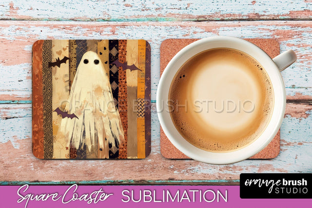 Patchwork Retro Halloween Coaster, Ghost Square Coaster PNG Sublimation OrangeBrushStudio 