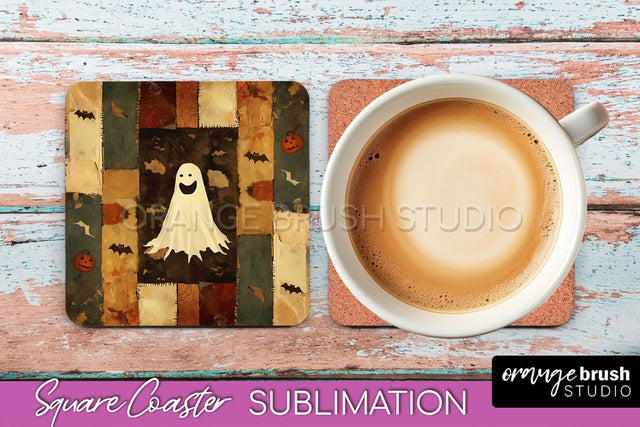 Patchwork Retro Halloween Coaster, Ghost Square Coaster PNG Sublimation OrangeBrushStudio 